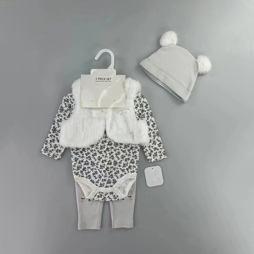 Wholesale High Quality New Born Baby Girl Clothes Sets 0-3 Months Winter Long Sleeves Rompers+Pants+Jacket+Hat 4pcs Sets