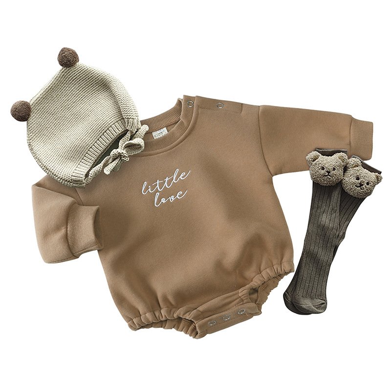 Hot Sale Autumn Long Sleeve Cotton Baby Rompers With Hat Cute Bear Baby Rompers Boy
