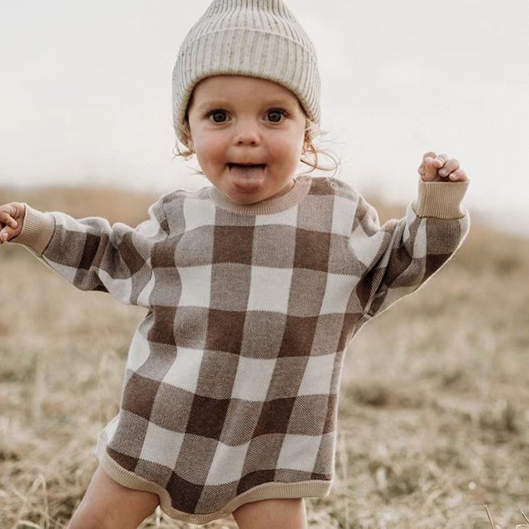 2022 Newborn Baby Fall Winter Plaid Knitted Sweater Romper Long Sleeve Jumpsuit baby winter clothes