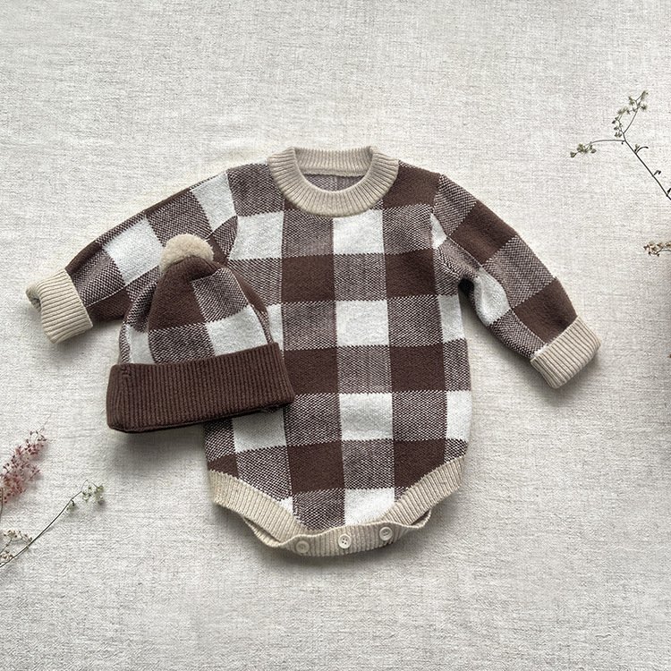 2022 Newborn Baby Fall Winter Plaid Knitted Sweater Romper Long Sleeve Jumpsuit baby winter clothes