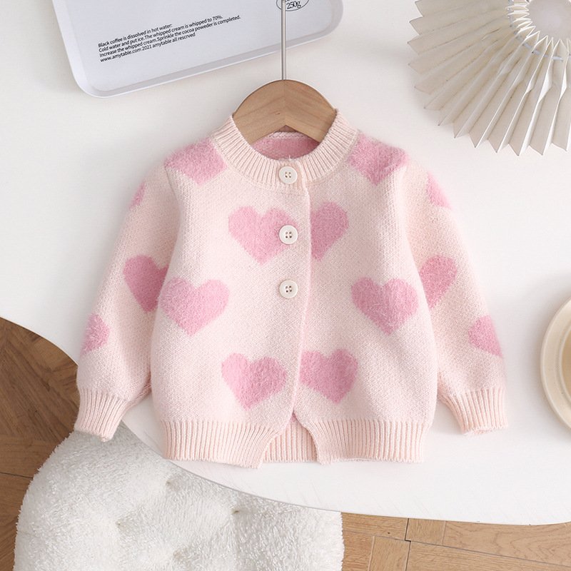 Spring and Autumn Baby Set Printed Love Girls Knitted Long Sleeve Cardigan Sweater Sleeveless Baby Romper