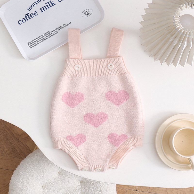 Spring and Autumn Baby Set Printed Love Girls Knitted Long Sleeve Cardigan Sweater Sleeveless Baby Romper