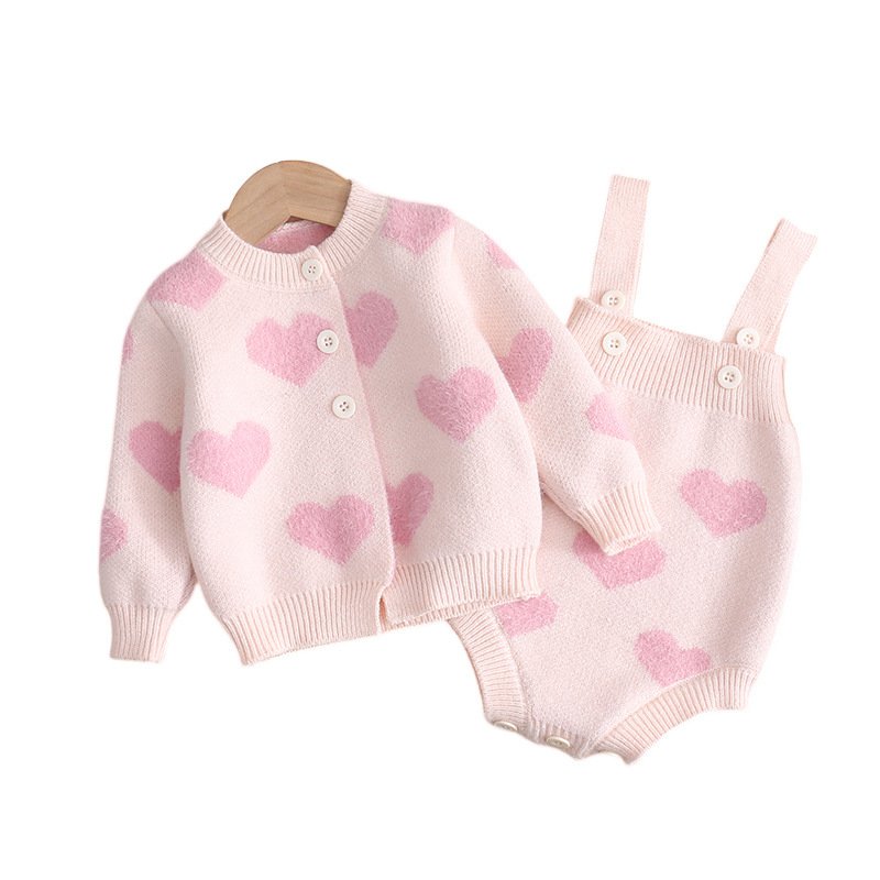 Spring and Autumn Baby Set Printed Love Girls Knitted Long Sleeve Cardigan Sweater Sleeveless Baby Romper