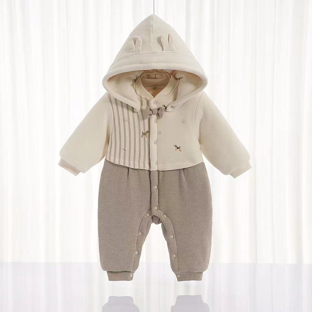 High quality stripe jacquard embroidery organic cotton newborn baby romper with button baby crawl suit set