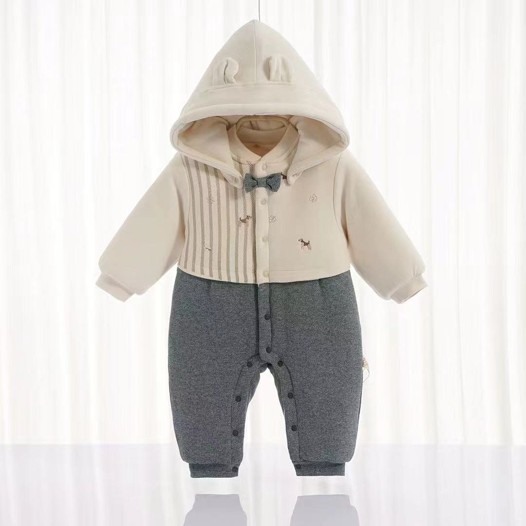 High quality stripe jacquard embroidery organic cotton newborn baby romper with button baby crawl suit set