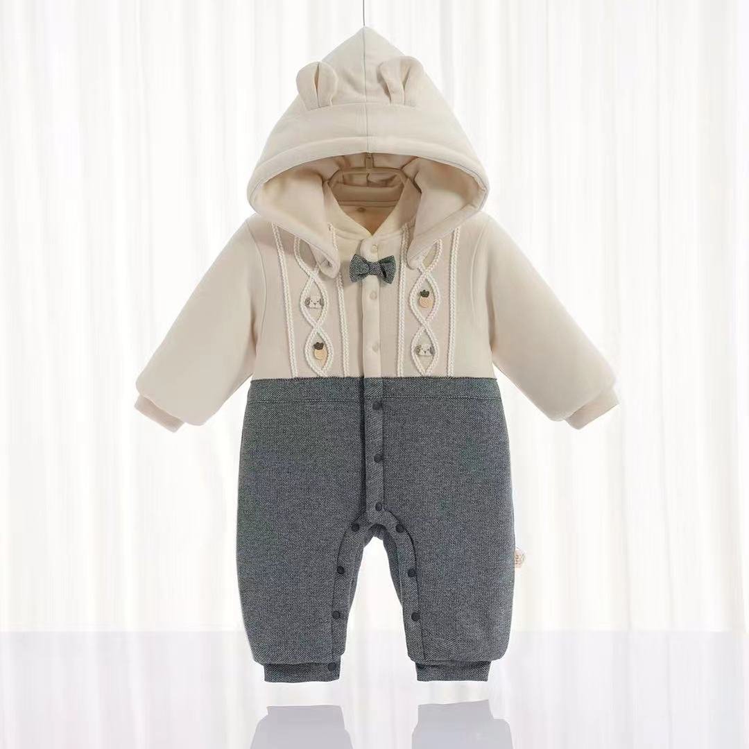 High quality stripe jacquard embroidery organic cotton newborn baby romper with button baby crawl suit set