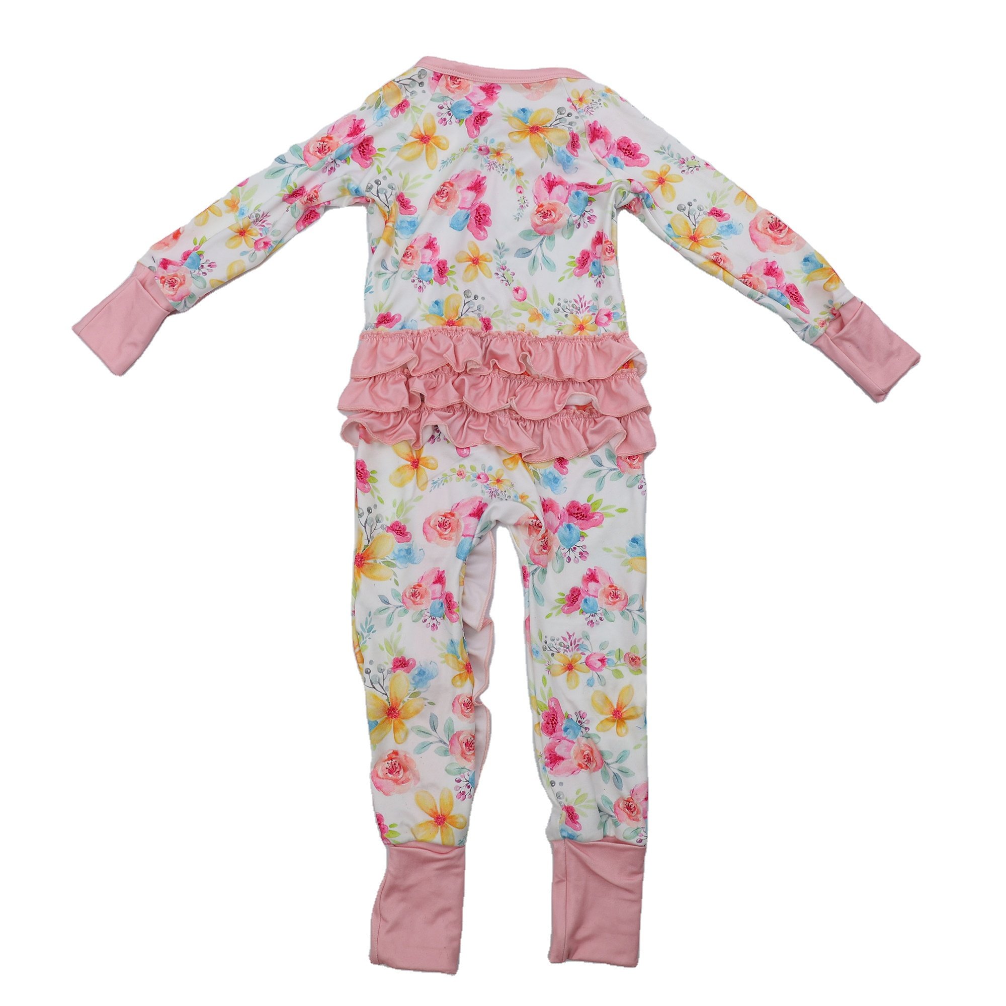 Qingli OEM Cute Flower Print Ruffle Waffle Knit Long Sleeve Pajamas For Baby