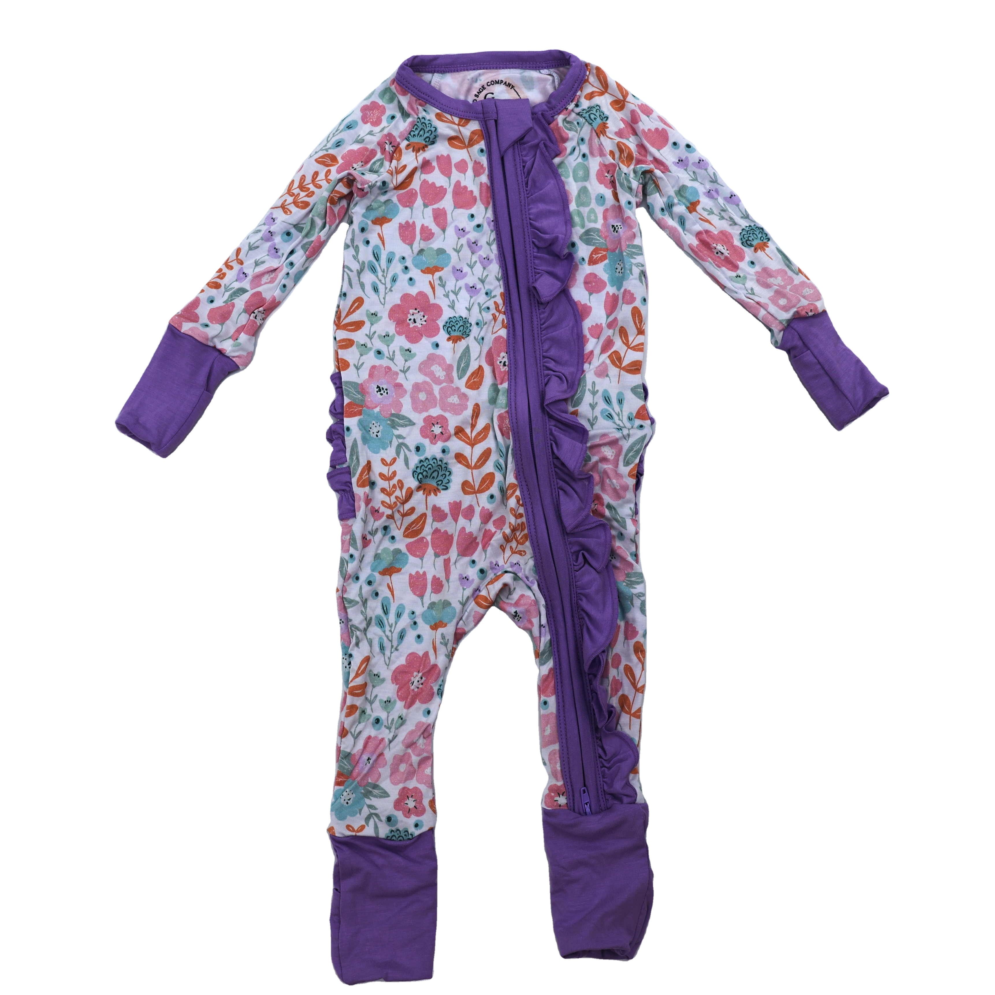Qingli OEM Cute Flower Print Ruffle Waffle Knit Long Sleeve Pajamas For Baby