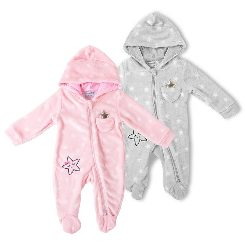 Zipper Winter Toddler Girl Clothes Baby Romper Fabric Hooded Full Star Printing Custom Welcomed 100% Polyester Knitted 4 Pieces