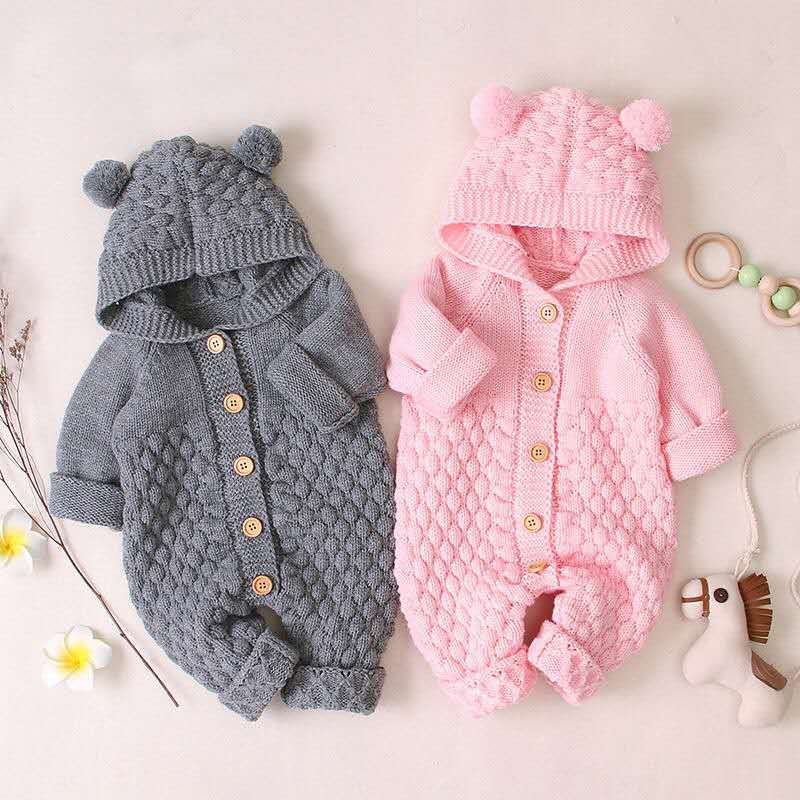 Warm Baby Hoodie Clothes Button Long Sleeve Romper Solid Knit Baby Romper 0-3 Years