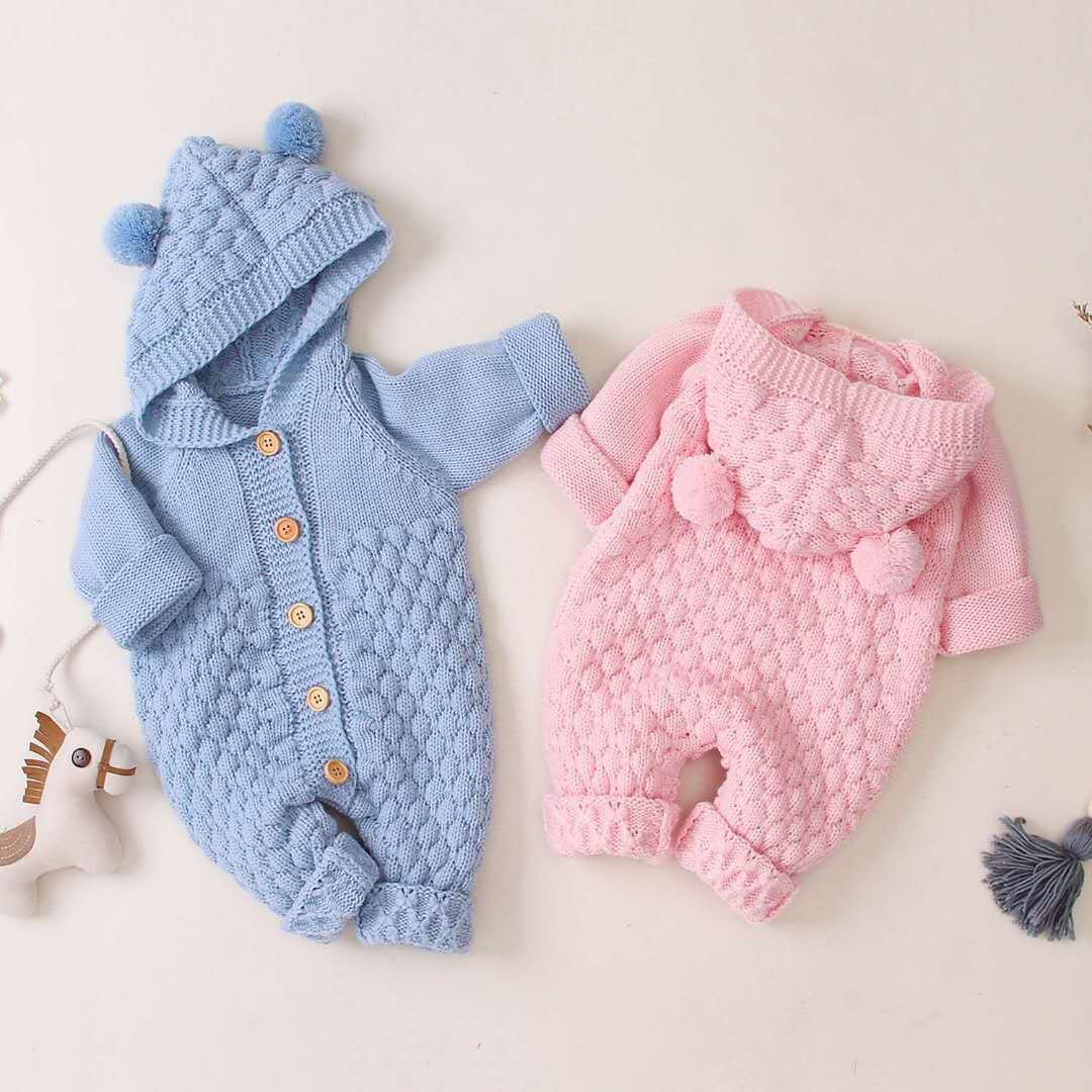 Warm Baby Hoodie Clothes Button Long Sleeve Romper Solid Knit Baby Romper 0-3 Years