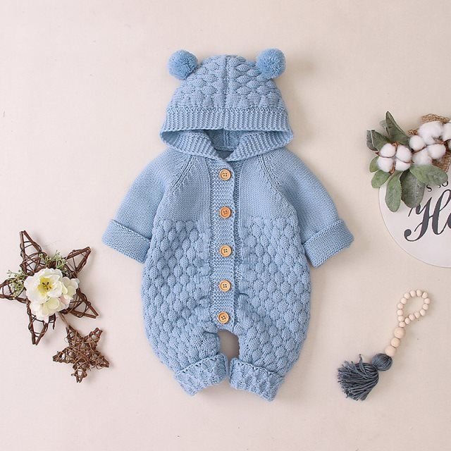 Warm Baby Hoodie Clothes Button Long Sleeve Romper Solid Knit Baby Romper 0-3 Years