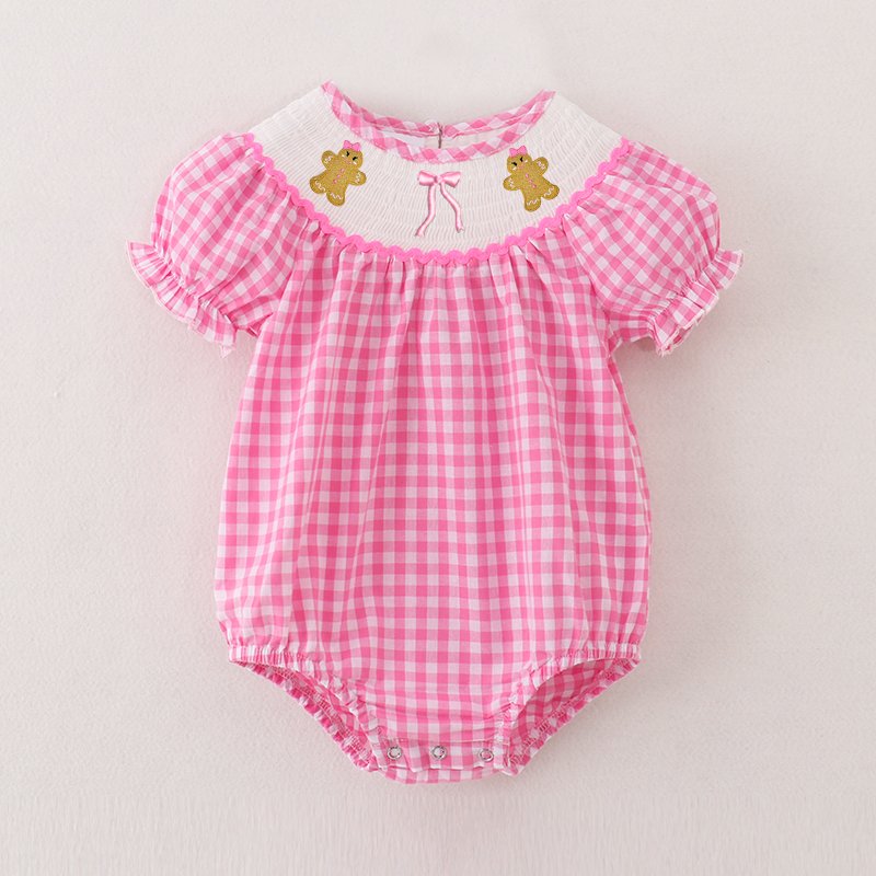 Infant Baby Girls Winter Christmas Pink Plaid Smocked Santa Claus Embroidery Romper Customized Kids Clothes Smocked Clothing