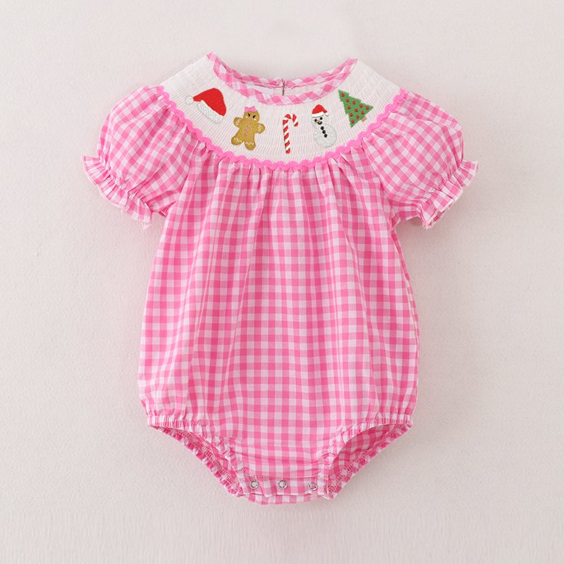 Infant Baby Girls Winter Christmas Pink Plaid Smocked Santa Claus Embroidery Romper Customized Kids Clothes Smocked Clothing
