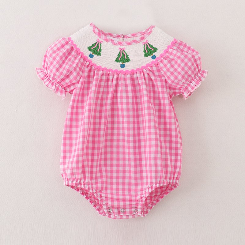 Infant Baby Girls Winter Christmas Pink Plaid Smocked Santa Claus Embroidery Romper Customized Kids Clothes Smocked Clothing