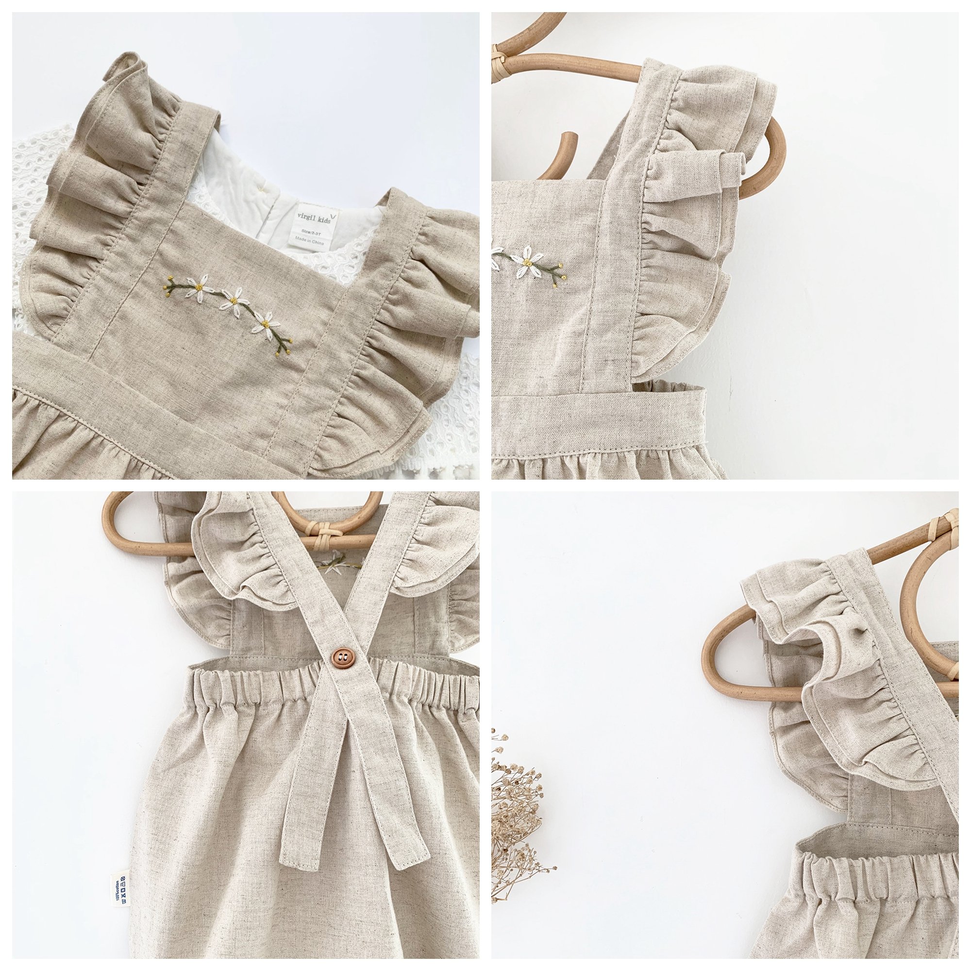 Baby Girls Rompers Summer Solid Color Cotton Linen Ruffles Fly Sleeveless Infant Kids Embroidery Clothing Jumpsuits 3-24M