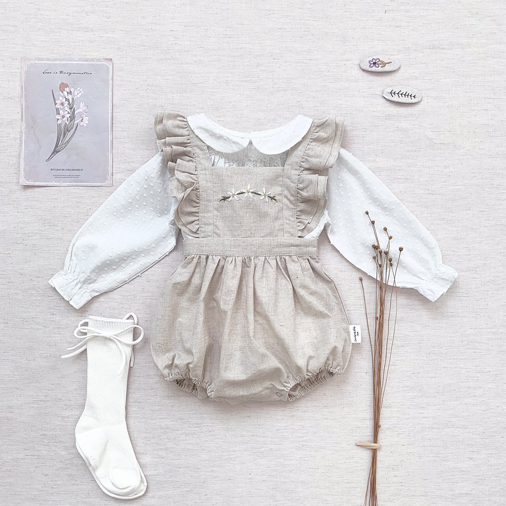 Baby Girls Rompers Summer Solid Color Cotton Linen Ruffles Fly Sleeveless Infant Kids Embroidery Clothing Jumpsuits 3-24M