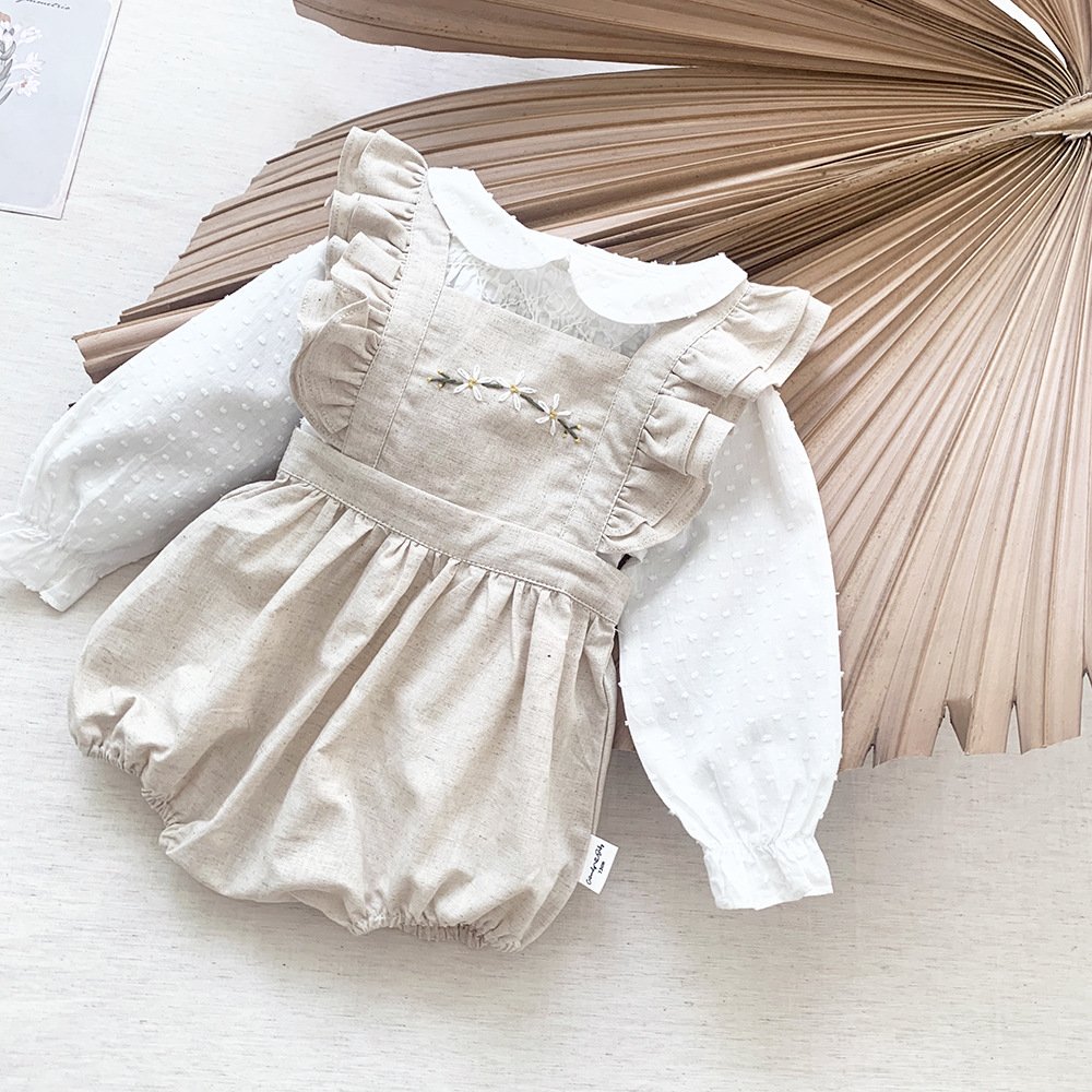 Baby Girls Rompers Summer Solid Color Cotton Linen Ruffles Fly Sleeveless Infant Kids Embroidery Clothing Jumpsuits 3-24M