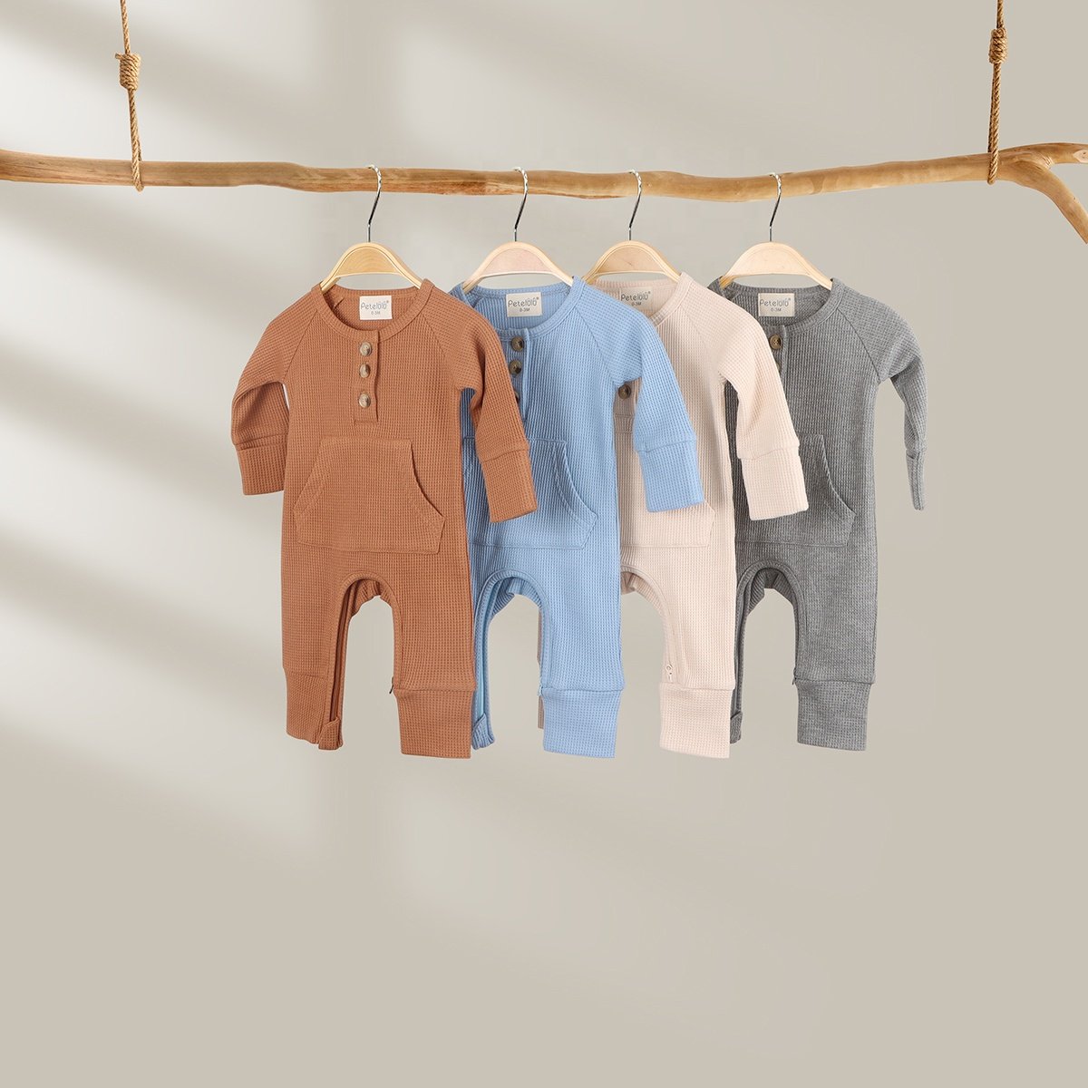 Petelulu Custom Comfortable Waffle Romper Baby Colorful Long Sleeves Zipper Cotton Baby Rompers Solid Color Wholesale