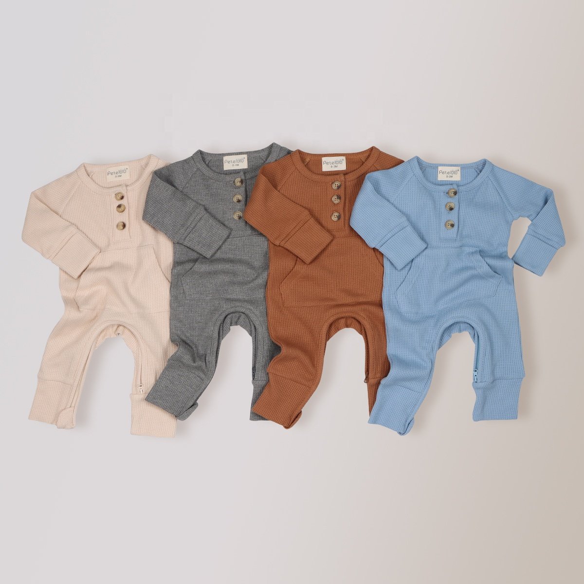 Petelulu Custom Comfortable Waffle Romper Baby Colorful Long Sleeves Zipper Cotton Baby Rompers Solid Color Wholesale