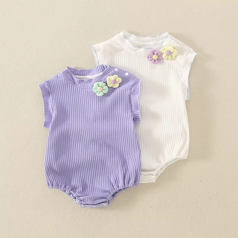 Wholesale solid newborn baby romper personalised cotton neckline flower baby sleeveless romper