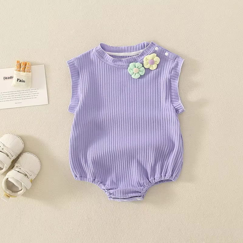 Wholesale solid newborn baby romper personalised cotton neckline flower baby sleeveless romper