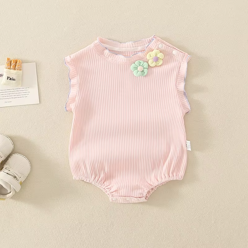 Wholesale solid newborn baby romper personalised cotton neckline flower baby sleeveless romper