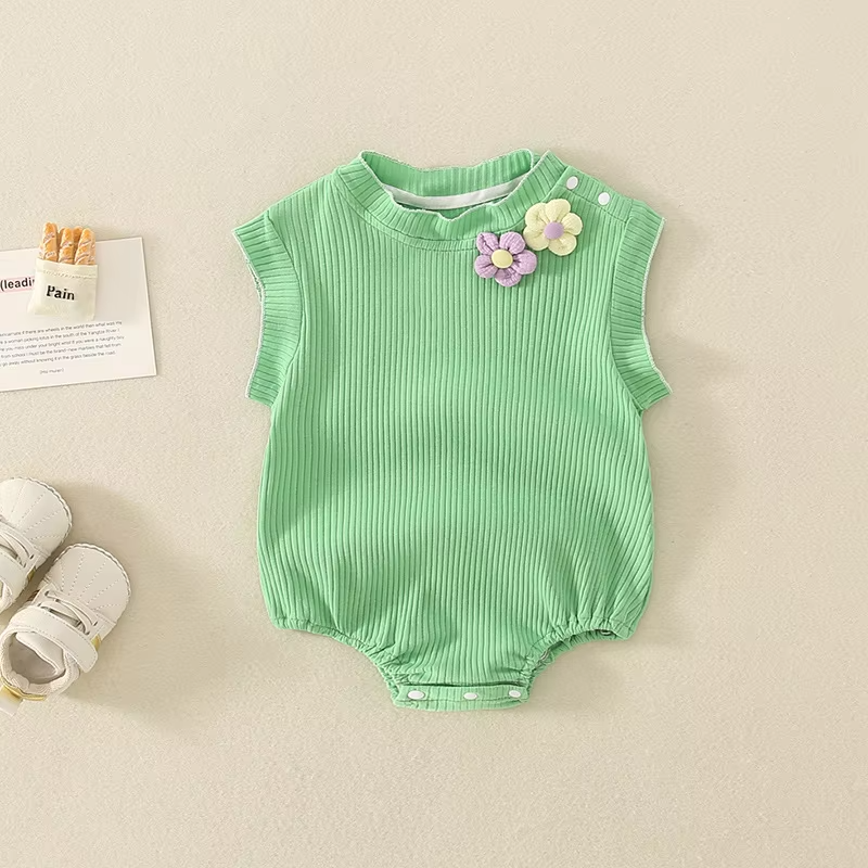 Wholesale solid newborn baby romper personalised cotton neckline flower baby sleeveless romper