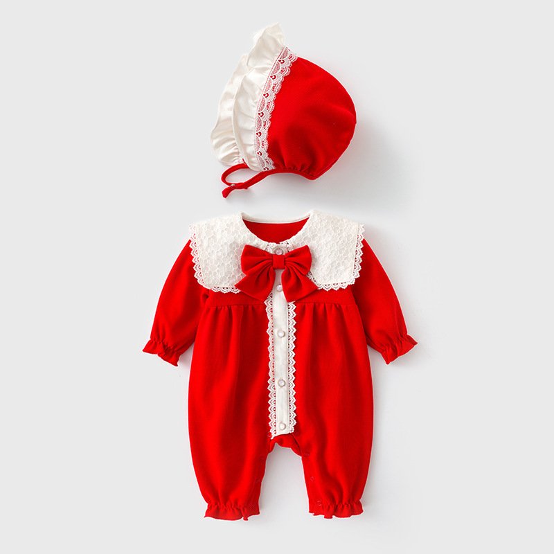 Wholesale newborn Baby girls sweet jumpsuit long sleeves lace embroidery rompers with hat for babies