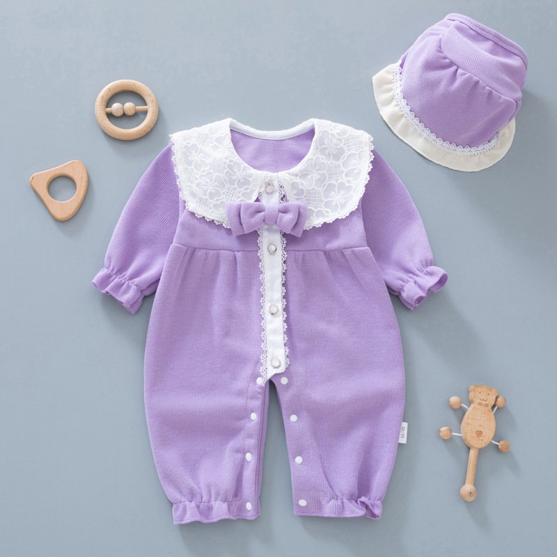 Wholesale newborn Baby girls sweet jumpsuit long sleeves lace embroidery rompers with hat for babies