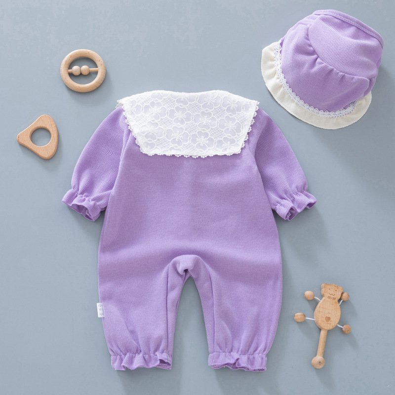 Wholesale newborn Baby girls sweet jumpsuit long sleeves lace embroidery rompers with hat for babies
