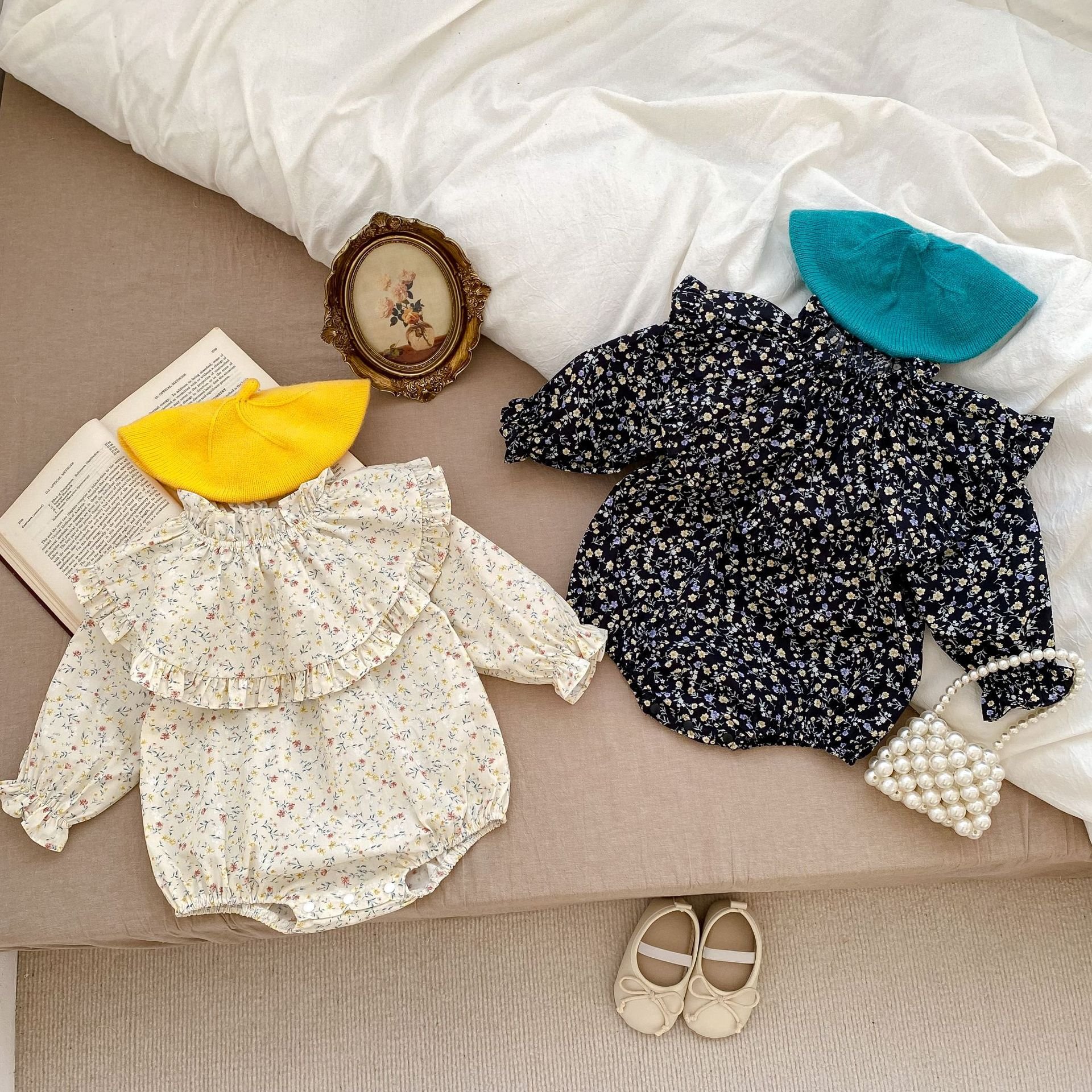 Spring and Autumn Newborn Flower Bodysuit Standing Neck Infant Long Sleeve Romper Fashion Baby Girl Clothes