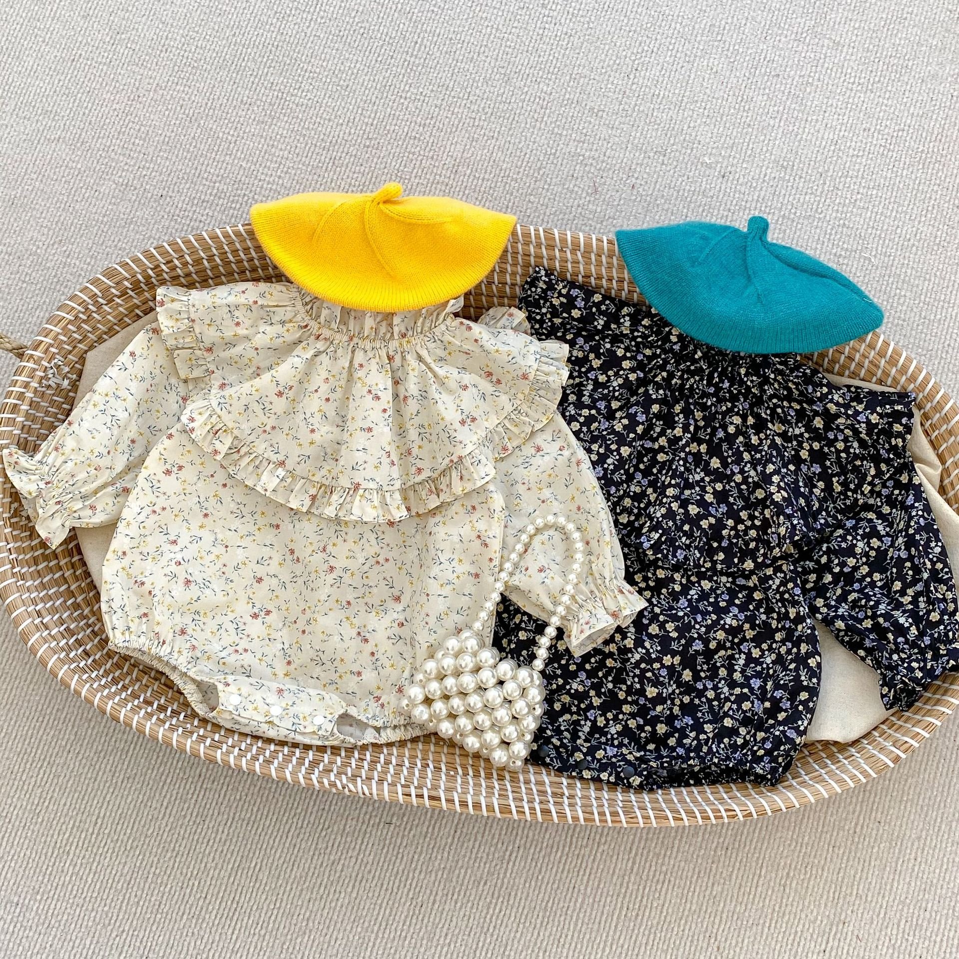 Spring and Autumn Newborn Flower Bodysuit Standing Neck Infant Long Sleeve Romper Fashion Baby Girl Clothes