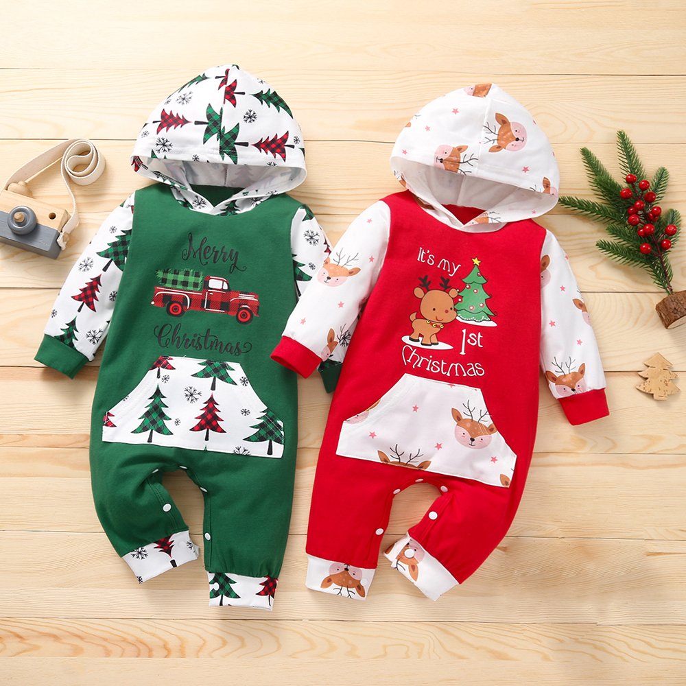 Wholesale Xmas element print newborn jumpsuit hooded long sleeve 1st Christmas baby romper
