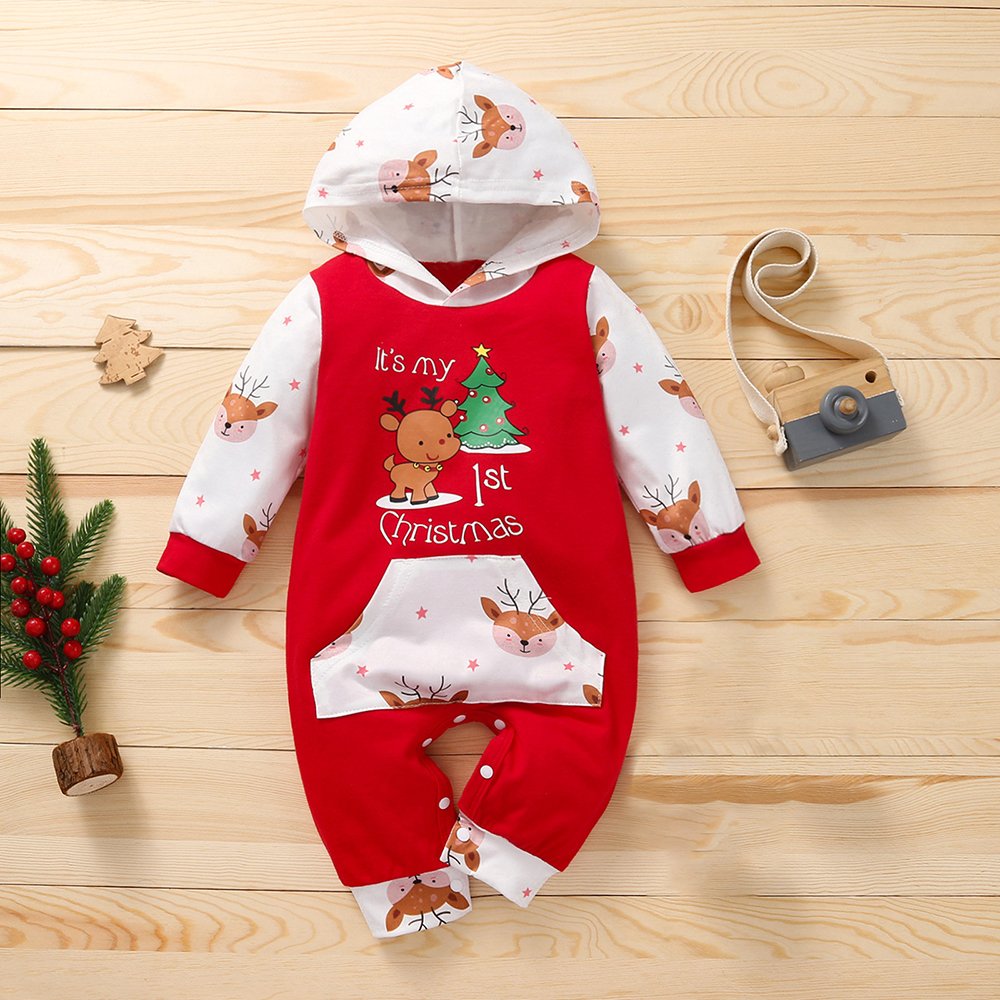 Wholesale Xmas element print newborn jumpsuit hooded long sleeve 1st Christmas baby romper