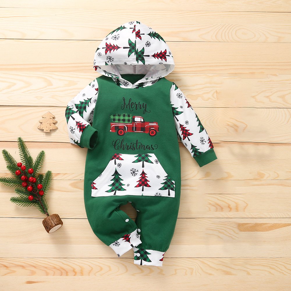 Wholesale Xmas element print newborn jumpsuit hooded long sleeve 1st Christmas baby romper