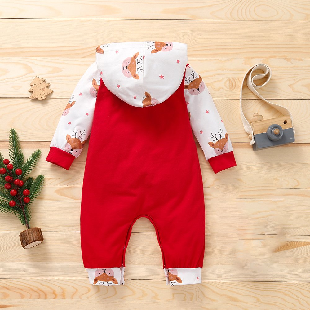 Wholesale Xmas element print newborn jumpsuit hooded long sleeve 1st Christmas baby romper