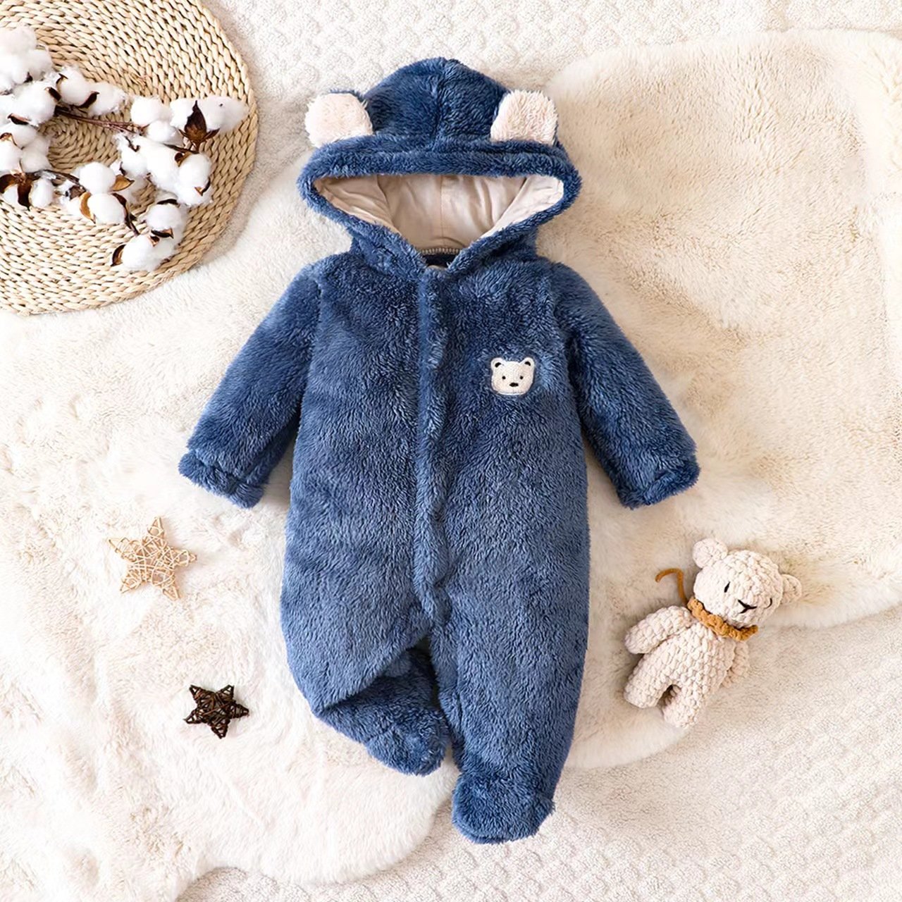 Infant Boys Full Sleeve Hooded Velvet Jumpsuit 0-24months Loose Overalls Cute Newborn Baby Rompers