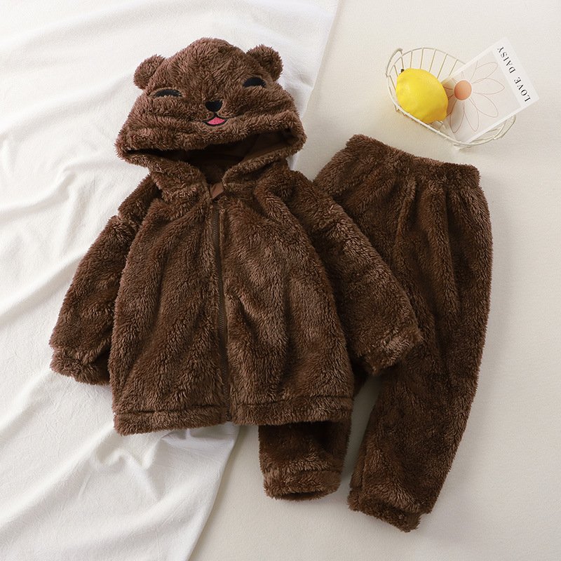 Children's new autumn and winter flannel hooded home clothes set cute children's pajamas boys and girls Clothes Sleepwear Suit