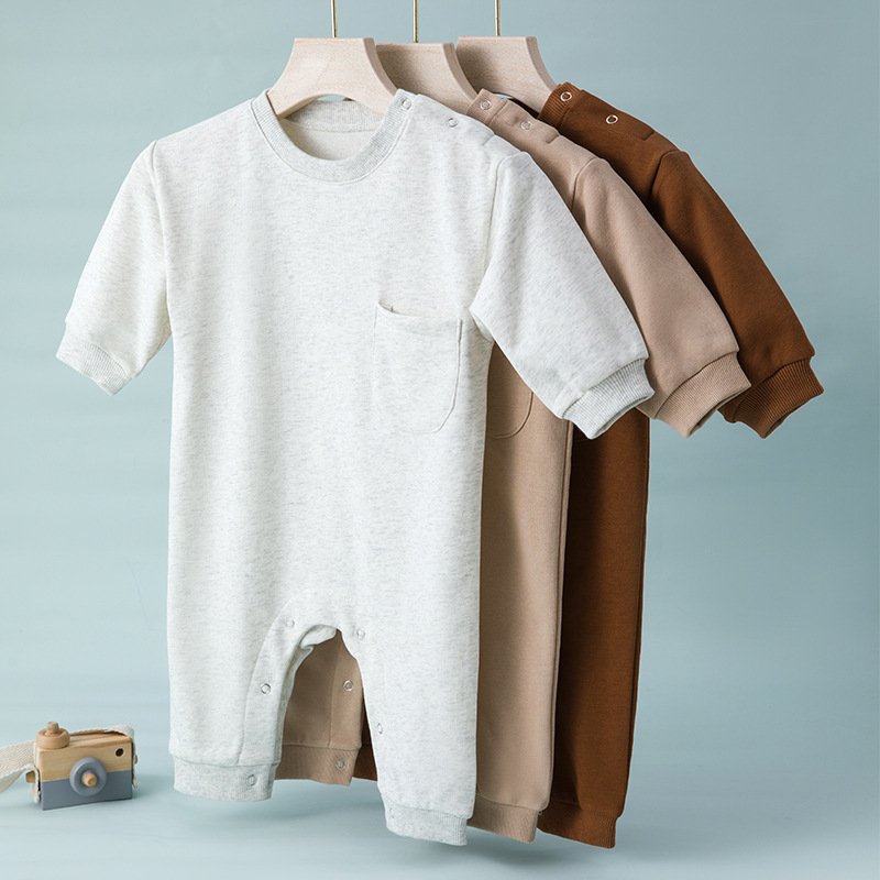Wholesale New Autumn Cotton Solid Toddlers Boys Girls Crawl Suit Bodysuits Newborn Baby Rompers With Pocket