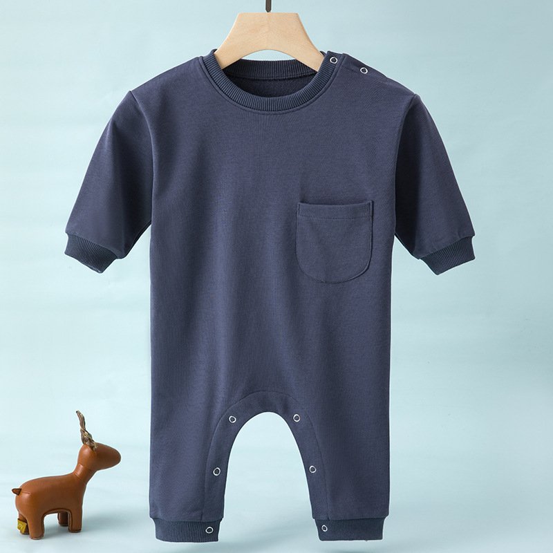 Wholesale New Autumn Cotton Solid Toddlers Boys Girls Crawl Suit Bodysuits Newborn Baby Rompers With Pocket