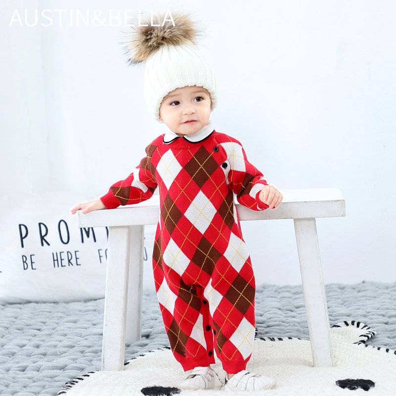 AustinBella/wholesale boutique high quality baby boys' long sleeve winter rompers sweater romper knitted 100% cotton 6611