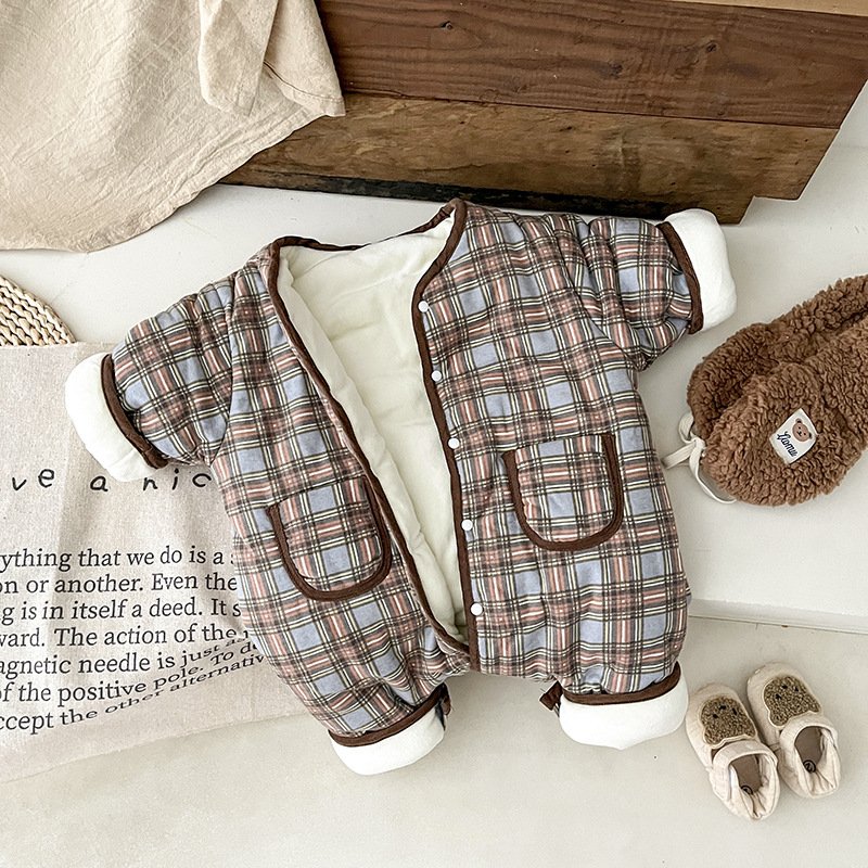 Wholesale 2024 Winter Baby Clothing Korean Plaid Long Sleeve Cotton Thickened Warm Baby Rompers