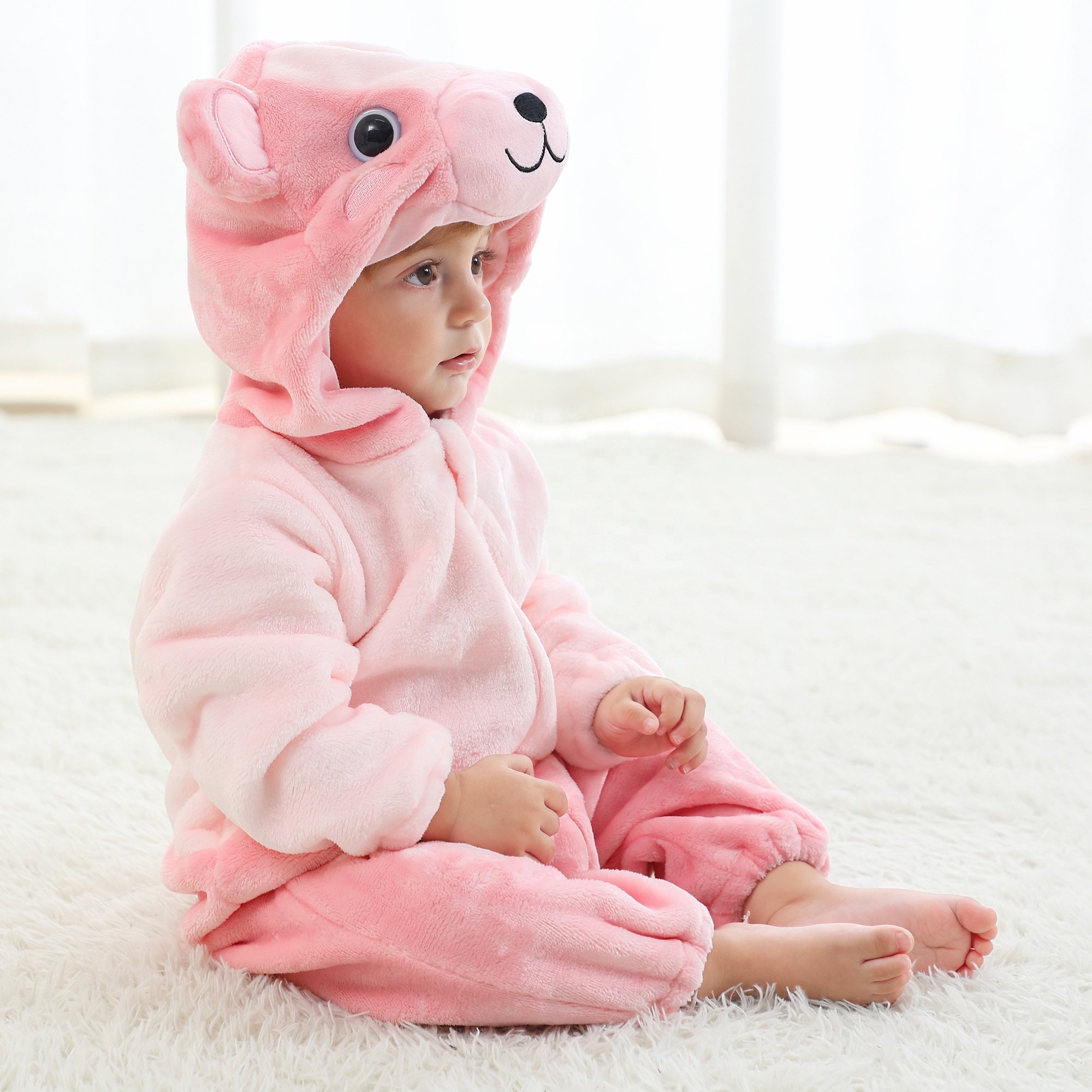 Michley Wholesale Unisex Baby Rompers Cartoon Pink Bear Animal body suits Fit Spring Autumn Winter Flannel OEM ODM