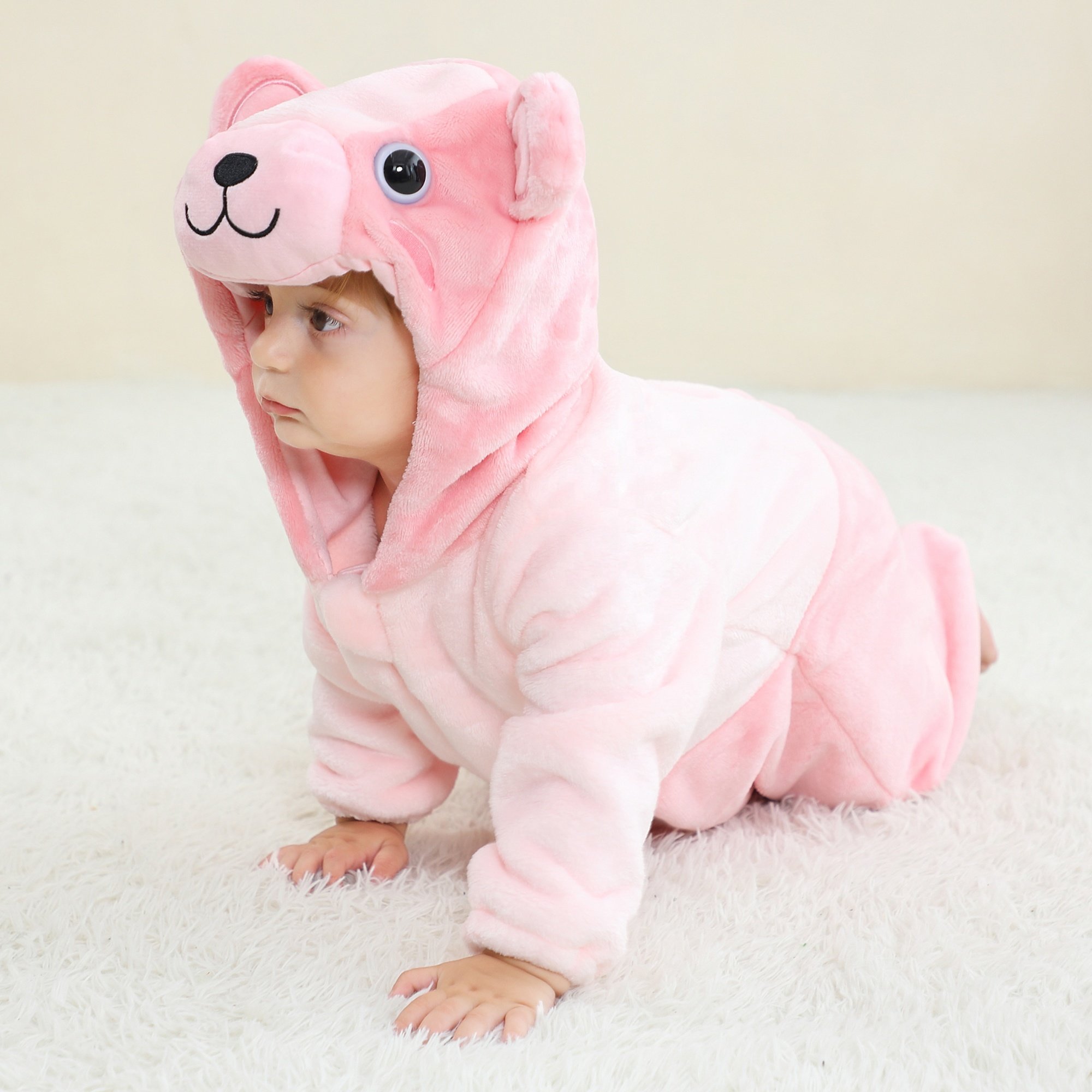Michley Wholesale Unisex Baby Rompers Cartoon Pink Bear Animal body suits Fit Spring Autumn Winter Flannel OEM ODM