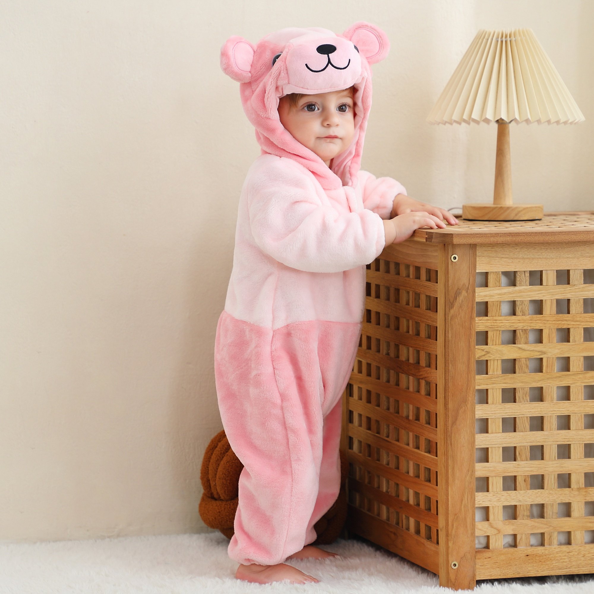Michley Wholesale Unisex Baby Rompers Cartoon Pink Bear Animal body suits Fit Spring Autumn Winter Flannel OEM ODM