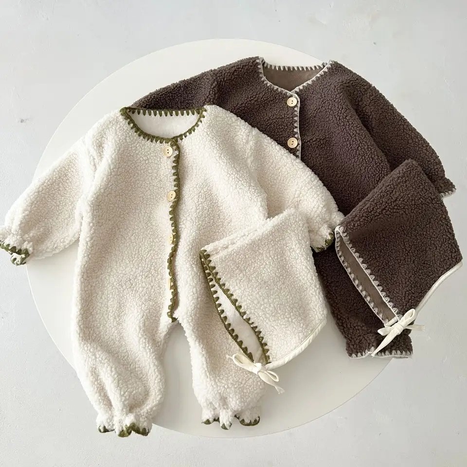 Top Selling Winter Autumn Cotton Sherpa Solid Color Baby Romper Long Sleeve Plain Baby Knit Sweater Romper