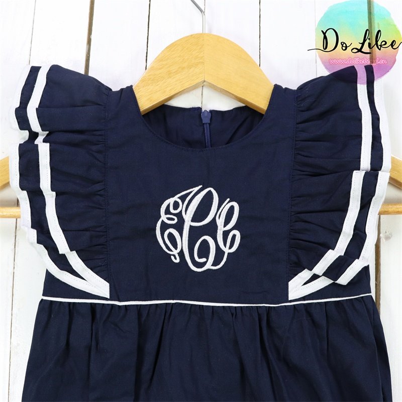 Embroidery flutter sleeve baby rompers spring custom fabric children clothing hot selling solid navy girls romper clothes