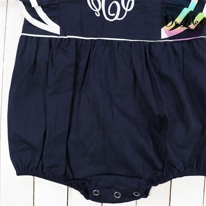 Embroidery flutter sleeve baby rompers spring custom fabric children clothing hot selling solid navy girls romper clothes
