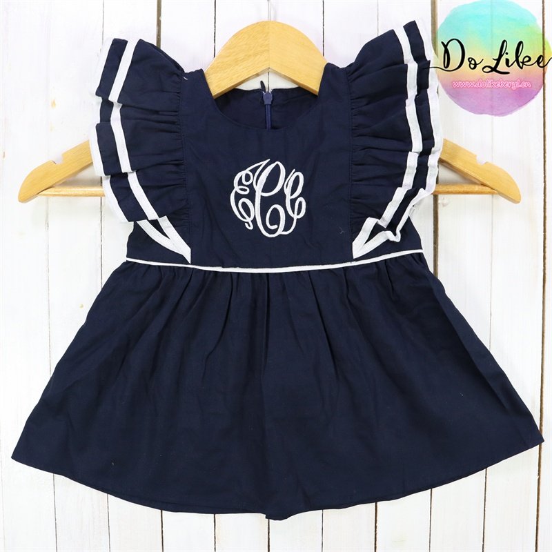 Embroidery flutter sleeve baby rompers spring custom fabric children clothing hot selling solid navy girls romper clothes